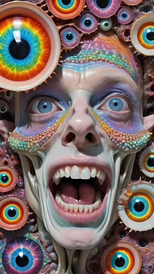 Prompt: an extremely hyper realistic ultra super textural weird trippy surreal psychedelic entity, Hyperbolic Geometry, white, translucent, clear, bright bright pastel colors, oil slick rainbow sheen effect, lots and lots of light, lots of crazy colorful compound psychedelic human eyes, rows of human teeth, fungus, atoms, diatoms, Hyperbolic Geometry