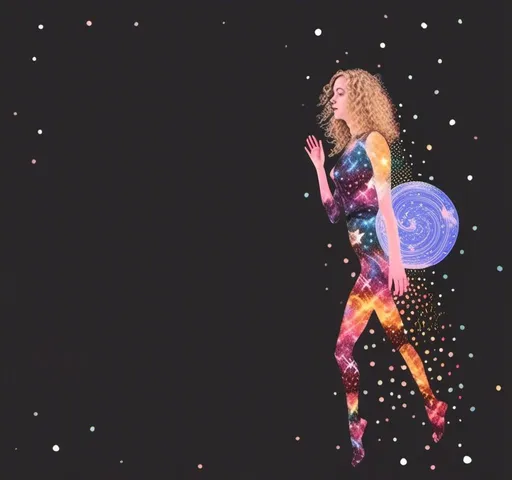 Prompt: <mymodel>Mixed media collage of an astral entity in the astral realms in outer space but also another beautiful glowing dimension of radiance
And love and light. She has long blond curly hair and appears as a photograph, maybe black and white or halftone, while the mixed media colors and sparkles and sacred geometries of the astral dimension swirls around her and out of her in the form of paint, foils, glitter, sparkles, rainbows, auras, sequins, enamels, rhinestones, thread, broken glass, etc