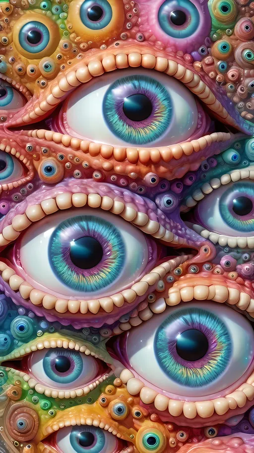 Prompt: an extremely hyper realistic ultra super textural weird trippy surreal psychedelic entity, Phyllotactic Spirals, white, translucent, clear, bright bright pastel colors, oil slick rainbow sheen effect, lots and lots of light, lots of crazy colorful compound psychedelic human eyes, rows of human teeth, fungus, atoms, diatoms, Phyllotactic Spirals