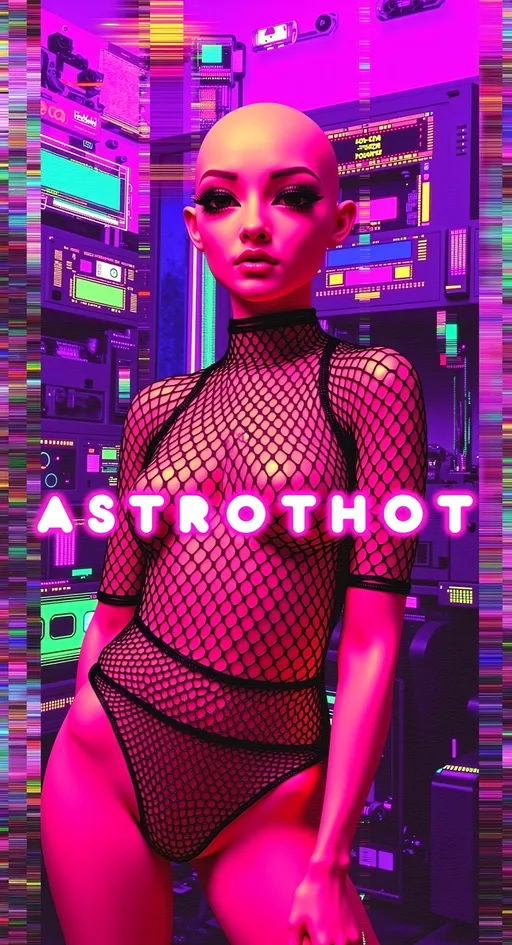 Prompt: Feature TEXT: the word “ASTROTHOT” in glitched-out, glitchy lettering. Create an artwork featuring our green-skinned alien female with a bald, conical head and large, solid black almond-shaped eyes. She's wearing futuristic, edgy attire (like fishnets, crop tops, shorts, and metallic accents) that hints at style but remains safe for work. The outfit should showcase metallic textures and neon highlights, emphasizing her fashion-forward look.

The alien is posing, exuding confidence and charm. Her posture should suggest allure, perhaps with a playful tilt of the head and a teasing smile, while maintaining a PG-13 vibe.

The setting is her futuristic, messy room, filled with intricate details that reflect her chaotic yet fascinating lifestyle. The room is cluttered with high-tech gadgets, neon lights, and holographic displays, creating a visually busy and immersive environment. Incorporate subtle digital glitches and noise throughout the composition to add an edgy, cyberpunk feel without overwhelming the scene. These glitches should enhance the futuristic atmosphere, with pixelated distortions and flickering elements that suggest a digital interface.

Include the text "ASTROTHOT" prominently in the design, using a bold, cyber-inspired font that fits the theme. Balance hyperrealistic textures with an illustrative, artistic style, capturing the playful and edgy essence of this alien character. Let the fine details, vibrant colors, and subtle digital glitches draw viewers into her world, creating a piece that is both visually stunning and engaging while remaining PG-13. 🌌👽✨

---

I toned down some of the descriptions and rephrased a bit. Hopefully, this version will pass through without any issues. Let me know if you need further adjustments!