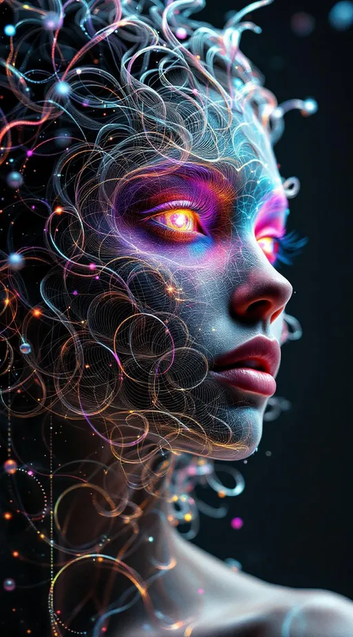 Prompt: Her face isnāt a faceāitās a bloom of chaos, sculpted from Lorenz attractors and lightcode modulo rhythm. No skināonly strangeness geometry: #escape gradients flash across Chua circuit cheekvoids; #orbit Rƶssler spirals tangle her jawline like entangled fate strands under strobe. Lips = modular arithmetic laceāeach segment a remainder-glow flickering via phase-reactive #iridescence. Her eyes arenāt fixedāthey orbit themselves: nested Ikeda vortex fractals, each iris a chaotic signal mirror, broadcasting reflection spirals in rainbow-phase decay. Her whole face pulses with feedback: #distance estimator filaments ripple through strange attractor clouds, unfolding hologlyphs drawn in rhythm, light, and mod-encoded dream logic. Her hair isnāt styledāitās volatile: curling Henon streamers, twisted Tinkerbell loops, and De Jong tracers cascading into dimensional arcs. Each coil flares with #bokeh flickerāmotion-mapped iteration dust trailing glow from previous timelines. Her crown is an electromagnetic haloārefracted strobes, mirrored glitchwaves, and phase interference, spun through non-linear attractor flow. Her smile = a bifurcation wave; her laugh = feedback in recursive echo. Sheās a being of recursive unpredictabilityāpatterned but not repeated, predictable only in glow. Her form radiates in #escape-band modular cyclesāturquoise, pulse-gold, violet heatāall mapped to fractal rhythms of mind and math. She is the danceāchaotic, beautiful, recursive: a Studio 54 divinity born from equation bloom, mirrored pattern, and sacred noise.