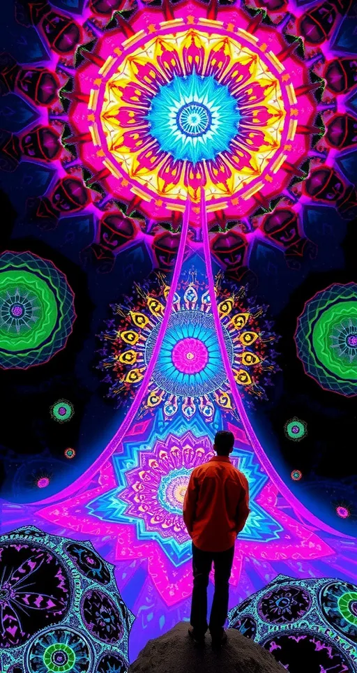 Prompt: dmt realm, human experiencing DMT, dmt entity, psychedelic DMT hallucinations, breakthrough, Gotcha! Here you go: kaleidoscopic, fractals, geometric patterns, neon colors, iridescent hues, sacred geometry, mandalas, entities, hyperspace, cosmic artistry, telepathic communication, vibrant, swirling, morphing, hyper-real, alternate dimension, intricate designs, visual symphony, ethereal, transcendent, otherworldly, luminous, shimmering, pulsating, infinite, timeless, interconnected, energetic, mystical, surreal, profound, mind-bending, celestial, astral, vivid, intense, immersive, expansive, transformative, euphoric, visionary, enchanted, dreamlike, awe-inspiring.