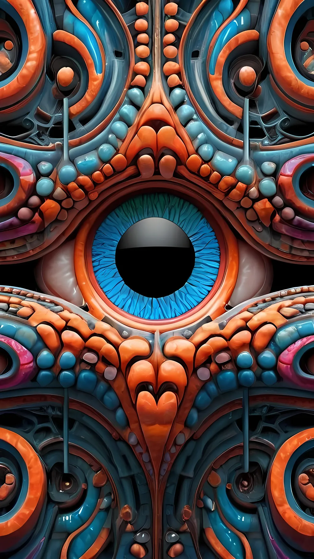 Prompt: Create an extremely hyper-realistic, ultra super textural, weird, trippy, surreal, psychedelic eyes/teeth/mouth pattern/design based on the “labyrinth fractal” & “op art tiling” with lots of human eyes (crazy colorful compound psychedelic), rows of human teeth, human lips, and tongues. 

- **Colors**: determined by the natural properties and expressions of the elements (& their isotopes), raw rough minerals, and metals:
- Molybdenum (Mo)
- Fire Opal

**Shapes and forms**
- main form: “labyrinth fractal”
-other shapes determined by the natural properties and expressions of the elements (& their isotopes), raw rough minerals, metals, and biological organisms: 
- Molybdenum (Mo)
- Fire Opal

- **Textures**: Derived from any/all elements (& their isotopes), minerals, metals, crystals, organic things mentioned in this prompt: 
- “labyrinth fractal”
- Molybdenum (Mo)
- Fire Opal

**Composition and Layout**:
- a pattern/design based on “labyrinth fractal”
- 3 dimensional


**Lighting**
- lots and lots of bright shining reflective light
- opalescence


**Detail and Atmosphere**:
- Extreme hyperrealistic sharp high detail high definition organic and mineral textures
- Psychedelic, weird, odd, surreal atmosphere
- Frozen in time

**Additional Elements**:
- extra rows of teeth, lips, many eyes, “labrynth fractal”, Aventurescence, Chatoyancy
