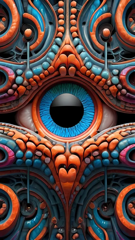 Prompt: Create an extremely hyper-realistic, ultra super textural, weird, trippy, surreal, psychedelic eyes/teeth/mouth pattern/design based on the “labyrinth fractal” & “op art tiling” with lots of human eyes (crazy colorful compound psychedelic), rows of human teeth, human lips, and tongues. 

- **Colors**: determined by the natural properties and expressions of the elements (& their isotopes), raw rough minerals, and metals:
- Molybdenum (Mo)
- Fire Opal

**Shapes and forms**
- main form: “labyrinth fractal”
-other shapes determined by the natural properties and expressions of the elements (& their isotopes), raw rough minerals, metals, and biological organisms: 
- Molybdenum (Mo)
- Fire Opal

- **Textures**: Derived from any/all elements (& their isotopes), minerals, metals, crystals, organic things mentioned in this prompt: 
- “labyrinth fractal”
- Molybdenum (Mo)
- Fire Opal

**Composition and Layout**:
- a pattern/design based on “labyrinth fractal”
- 3 dimensional


**Lighting**
- lots and lots of bright shining reflective light
- opalescence


**Detail and Atmosphere**:
- Extreme hyperrealistic sharp high detail high definition organic and mineral textures
- Psychedelic, weird, odd, surreal atmosphere
- Frozen in time

**Additional Elements**:
- extra rows of teeth, lips, many eyes, “labrynth fractal”, Aventurescence, Chatoyancy
