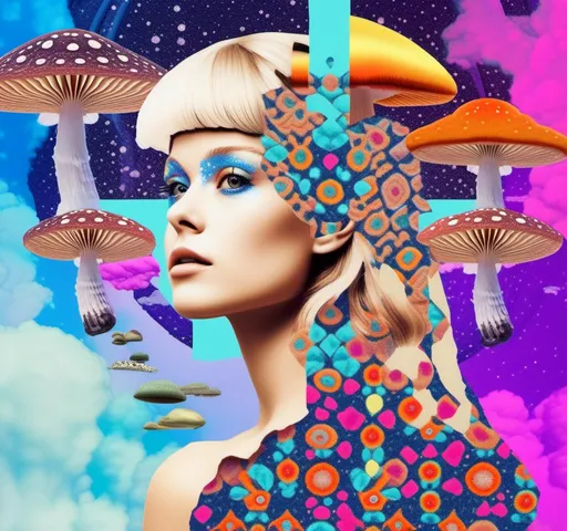 Prompt: a psychedelic collage reminiscent of 70s psychedelic sci fi collage artwork celebrating a girl on mushrooms. It is to feature a photograph of a woman with blond curly hair that is edited by splicing it with other images from photographs, magazines, newspapers, illustrations/paintings to create the impression she is high on magic mushrooms. The work will include such elements as a psychedelic 3rd eye open, stars and planets, trippy optical illusions and patterns, psilocybin cubensis mushrooms, fractals, UFOs, aliens, geometric shapes, auras, rainbow spectrums, sacred geometry, trippy drippy stuff, psychedelic hallucinations, open eyes, landscapes of astral worlds<mymodel>