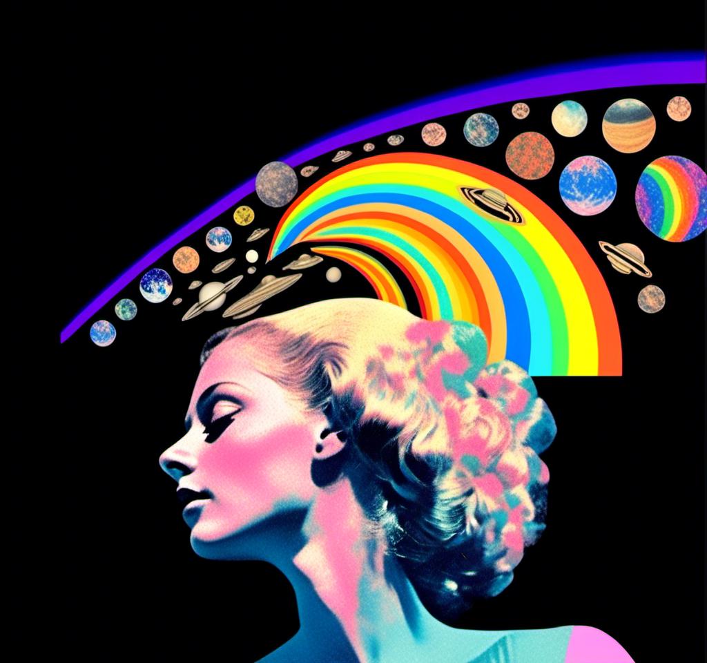 Prompt: A psychedelic collage featuring a photograph of a woman with blond curly long hair. The photo is cut and spliced with other photos and drawings of aliens, UFOs, rainbow spectrums are erupting from places, planets, stars, landscapes, and sparkles set amidst optical illusions of all kinds in geometric shapes giving an otherworldly surreal bizarre ufo alien effect to this psychedelic collage <mymodel>