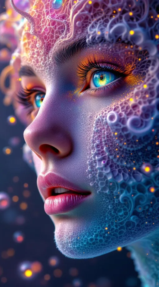 Prompt:  #escape #maximal #iridescence Her face isn’t formed—it’s grown from infinite math. No flesh—only recursive geometry. She is made of fractal bloom: Mandelbrot clusters radiate from her brow like crystalline logic, Sierpinski pyramids feather her cheekbones in delicate triangular lace, and Julia spirals weave across her lips in glowing recursion. #orbit traps ripple along her jawline—fields of light caught in equation bloom, glowing with chromatic iteration. Her skin is not surface—it’s a canvas of escape-time render: every pixel a count, every glow a depth. Eyes = fractal mirrors: spirals within spirals, each iris a recursive echo of the set’s infinite heart. Her visage pulses in #distance estimation shell layers—neon gradient bands of iteration depth from core to cusp. Hair erupts as fractal filigree: lightning-bolt dendrites, barnacle curls, Fibonacci flame curls trailing #bokeh glow from each orbit’s trajectory. Her crown bursts with analytic fire: critical points rendered as gold-leaf flames, halos of exponentiating geometry unfolding with every glance. Her smile = a point at the edge of stability; her laugh = a render glitch across infinite resolution. She is the fractal manifest—a living iteration, spiraling through glow, repeating through beauty, pulsing with the light of structured infinity.
