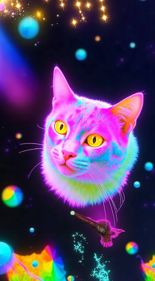 Prompt: A hyper-surreal, psychedelic cosmic cat floating majestically in the astral plane. Its fur is a kaleidoscope of vibrant, iridescent colors—neon blues, electric purples, hot pinks, and shimmering golds—patterned with swirling galaxies, tiny starbursts, and glowing constellations. The cat’s third eye is wide open, glowing intensely with radiant golden light, surrounded by pulsating fractal patterns, sacred geometry, and tiny orbiting planets. Its regular eyes are hypnotic spirals of infinity, reflecting the mysteries of the cosmos. The background is an over-the-top explosion of kitschy astral vibes: a swirling vortex of glittering galaxies, rainbow nebulas, and cosmic dust, with shooting stars streaking across the scene. Surround the cat with holographic energy trails, glowing lotus flowers, and floating crystals that refract light into prismatic rainbows. Add melting textures, glitchy digital distortions, and an ethereal glow to the entire composition for an extra trippy, otherworldly vibe."**

This cat is ready to take on the astral plane *and* your wildest dreams. 🌌✨ Let me know if you want even more kitsch sprinkled in! 😏