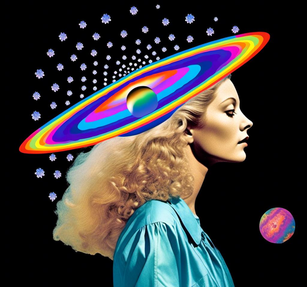 Prompt: A psychedelic collage featuring a photograph of a woman with blond curly long hair. The photo is cut and spliced with other photos and drawings of aliens, UFOs, rainbow spectrums are erupting from places, planets, stars, landscapes, and sparkles set amidst optical illusions of all kinds in geometric shapes giving an otherworldly surreal bizarre ufo alien effect to this psychedelic collage <mymodel>