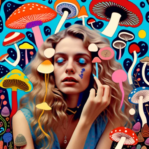 Prompt: <mymodel> a psychedelic stoned tripping goofy quirky looking but pretty woman with long blond very curly hair and blue eyes collaging with drawings of mushrooms, psychedelic vibrant color palette, psychedelic, whimsical and surreal, intricate collage details, trippy, weird, ethereal glow, dreamy lighting, high quality, ultra-detailed, fantasy, vibrant tones, surreal lighting, whimsical design, collage art, multimedia collage