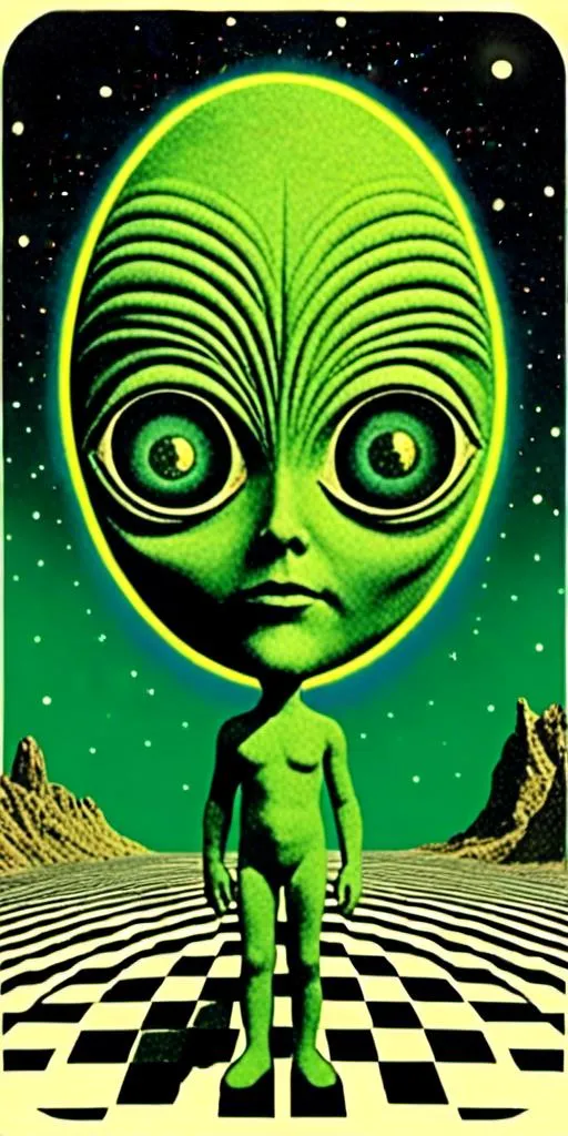 Prompt: <mymodel>Vintage 70s psychedelic science fiction collage of little green man alien, green skin, big eyes, humanoid, extraterrestrials, analog, cut and paste, vintage collage, green and black for colors, landscape, night sky, optical illusions, trippy patterns, retro style, detailed psychedelic patterns, high quality, 4k, surreal, vintage, retro, psychedelic, vibrant colors, detailed eyes, intricate patterns, flat lighting, art house film, 