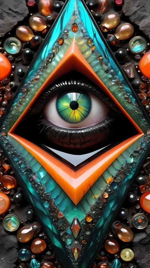 Prompt: an extremely hyper realistic ultra super textural weird trippy surreal psychedelic entity, Triangular Fractal Cascade, translucent, charcoal matte black, blown glass, iridescent finish, inlaid opal, glittering crystal accents, copper, patina, pyrite, quartz,, garnet, vandanite, bright vivid greens, teals, oranges,  lots and lots of light, lots of crazy colorful compound psychedelic human eyes, rows of human teeth, human lips, tongues, fungus,  atoms, diatoms, diatomic, algae, bryozoans, Triangular Fractal Cascade, extreme high definition organic and mineral textures