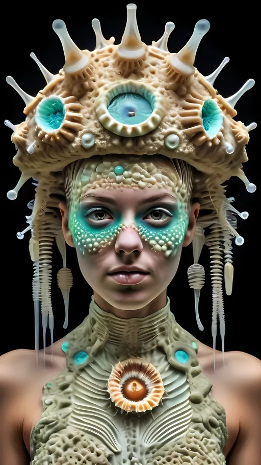 Prompt: Extremely hyperrealistic ultra textural trippy surreal beautiful but odd unsettling psychedelic creature- a psychedelic diatomaceous creature entity queen crown jewelry cape with lots of crazy psychedelic human compound eyes, rows upon rows of human teeth.  head, face, body, limbs, fungus, Mandelbrot, oil slick rainbow sheen effect, holographic, hologram, translucent, vivid colors white, tons and tons of light, bright pastel colors, Gyroid Structures. Diatoms: bacillariophyta, siliceous, valves, girdle bands, raphe, striae, puncta, areolae, costae, rimoportula, fultoportula, chloroplasts, auxospore, epitheca, hypotheca, mucilage, frustule symmetry, valve morphology, pennate diatoms, centric diatoms, motile, non-motile, biofilm, epiphytic, epilithic, epipsammic, biogenic silica, diatomaceous earth, primary producers, carbon fixation, biogeochemical cycles, diatom blooms, paleoecology, nanostructures, microalgae, environmental indicators, aquatic ecosystems. geometric, symmetrical, radial, bilateral, elongated, circular, triangular, oval, star-shaped, pennate, centric, intricate, lattice-like, perforated, silica, frustules, ornate, microscopic, diverse, varied, delicate, transparent, golden-brown, pillbox-shaped, chain-forming, solitary, colonial, planktonic, benthic,