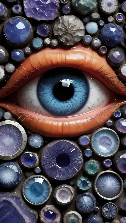 Prompt: Create an extremely hyper-realistic, ultra super textural, weird, trippy, surreal, psychedelic eyes/teeth/mouth pattern/design based on “Hypocycloid” & “op art tiling” with lots of human eyes (crazy colorful compound psychedelic), rows of human teeth, human lips, and tongues. 

- **Colors**: determined by the natural properties and expressions of the elements (& their isotopes), raw rough minerals, and metals: Nickel (Ni), Tanzanite, Feldspar, Pectolite, Lazurite,  Indicolite

**Shapes and forms**
- “Hypocycloid”
-other shapes determined by the natural properties and expressions of the elements (& their isotopes), raw rough minerals, metals, and biological organisms: Fluorite, Nickel (Ni), Tanzanite, Feldspar, Pectolite, Lazurite, Indicolite

- **Textures**: Derived from any/all elements (& their isotopes), minerals, metals, crystals, organic things mentioned in this prompt: “Hypocycloid”, Fluorite, Nickel (Ni), Tanzanite, Feldspar, Pectolite, Lazurite, Indicolite

**Composition and Layout**:
- a pattern/design based on the “Hypocycloid”

**Lighting**
- lots and lots of bright shining reflective light


**Detail and Atmosphere**:
- Extreme hyperrealistic sharp high detail high definition organic and mineral textures
- Psychedelic, weird, odd, surreal atmosphere
- Frozen in time

**Additional Elements**:
- extra rows of teeth, lips, many eyes, “Hypocycloid”, Aventurescence, Chatoyancy
