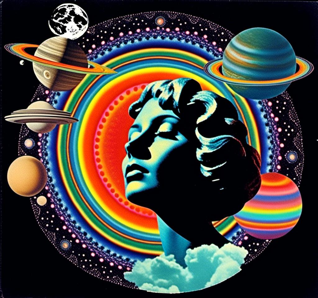 Prompt: A vintage 70s psychedelic collage with the theme “astral vacation”- incorporate themes of astral projection, the astral plane, the silver cord, use an astral brilliantly but sometimes muted opalescent color palette, & combine it all with planets, orbs, optical illusions and psychedelic trippy patterns, color spectrums as a surreal vintage psychedelic collage<mymodel>