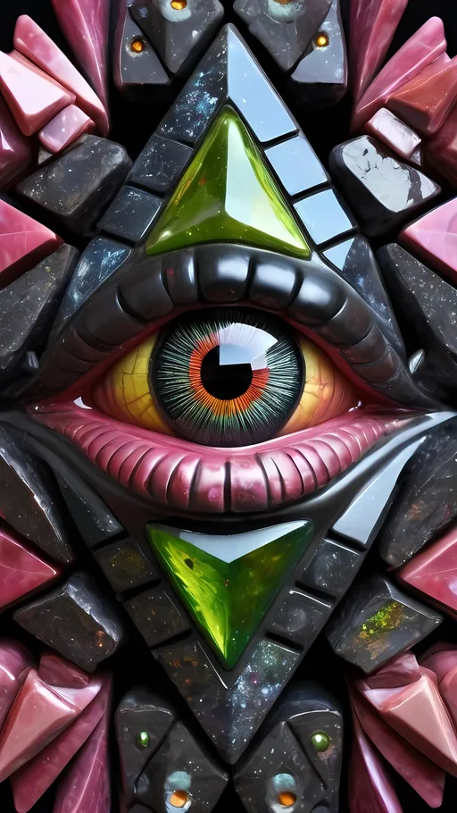 Prompt: Create an extremely hyper-realistic, ultra super textural, weird, trippy, surreal, psychedelic eyes/teeth/mouth pattern/design based on the “Merkaba” & “op art tiling” with lots of human eyes (crazy colorful compound psychedelic), rows of human teeth, human lips, and tongues. 

- **Colors**: determined by the natural properties and expressions of the elements (& their isotopes), raw rough minerals, and metals:
- Molybdenum (Mo)
- brass
- Rhodonite
-sulfur
- Wulfenite
-“Cobaltoan Calcite“
- Tsavorite
- peridot
- “Black Kyanite“
- Hematite

**Shapes and forms**
- main form: “ Merkaba(s)”
-other shapes determined by the natural properties and expressions of the elements (& their isotopes), raw rough minerals, metals, and biological organisms: 
- Molybdenum (Mo)
- brass
- Rhodonite
-sulfur
- Wulfenite
-“Cobaltoan Calcite“
- Tsavorite
- peridot
- “Black Kyanite“
- Hematite

- **Textures**: Derived from any/all elements (& their isotopes), minerals, metals, crystals, organic things mentioned in this prompt: 
- “Merkaba(s)”
- Molybdenum (Mo)
- brass
- Rhodonite
-sulfur
- Wulfenite
-“Cobaltoan Calcite“
- Tsavorite
- peridot
- “Black Kyanite“
- Hematite

**Composition and Layout**:
- a pattern/design based on “Merkaba(s)”
- 3 dimensional


**Lighting**
- lots and lots of bright shining reflective light
- iridescence


**Detail and Atmosphere**:
- Extreme hyperrealistic sharp high detail high definition organic and mineral textures
- Psychedelic, weird, odd, surreal atmosphere
- Frozen in time

**Additional Elements**:
- extra rows of teeth, lips, many eyes, “Merkaba(s)”, Aventurescence, Chatoyancy
