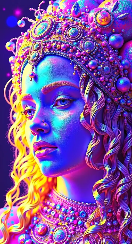 Prompt: Create a super hyperrealistic, finely detailed psychedelic Nouveau illustration of a Cosmic Jester. Feature the word MERRYPRANXTERworked organically into the background somehow.  This enchanting character is a merry prankster of the cosmos, an astral jokester dancing through time and space. She exudes a jester vibe, wearing feminine holographic jester attire & makeup with a feminine, harlequin twist. Not human, but humanoid, she is crafted from vibrant colored light, embodying an extra-dimensional extraterrestrial essence. Her presence is a beacon of joy, as she laughs and twirls through the cosmic astral realms, elevating vibes wherever she roams. 

Her beauty is otherworldly, with long, curly hair that shimmers like a cascade of colored light, appearing blonde yet transcending earthly hues. Her eyes sparkle with mischievous wisdom, and her attire is a dazzling array of intricate patterns and swirling colors, reminiscent of both jester garb and celestial phenomena.

Incorporate the text "the merrypranxter" above her in smaller, elegant lettering, seamlessly blending into the cosmic background. This text should capture the essence of her playful spirit, as if it were a whisper from the universe itself. The illustration should radiate her vibrant energy, portraying her as a timeless wanderer spreading joy and wonder throughout the cosmos.