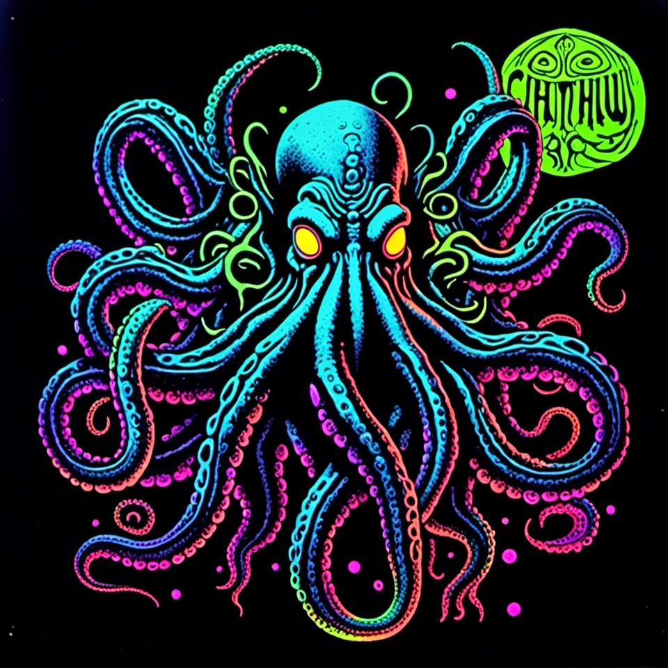 Prompt: <mymodel>Vintage 70s black light poster of Cthulhu in photorealism, Cthulhu at R'lyeh, tribal primal style, realistic tentacles, Lovecraftian horror, eerie atmosphere, intricate details, photorealistic cosmic background, high quality, detailed texture, black light art, vintage, 70s, Cthulhu, R'lyeh, tribal, primal, photorealism, Lovecraftian, eerie atmosphere, detailed, cosmic, realistic, eldritch, noneuclidean geometry, idol