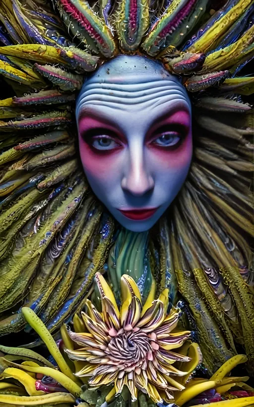 Prompt: Extreme psychedelic hyperrealism- Super high definition ultra textural floral entity psychedelic hallucination surrealism, psychedelic alien flower creature, detailed, highres, intense colors, eerie lighting, bizarre features, unsettling atmosphere, otherworldly, distorted proportions, mind-bending, dreamlike, abstract,, organic textures