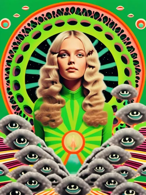 Prompt: A trippy vintage 70s psychedelic sci-fi analog cut and paste collage of a girl with long blond curly hair and UFOs, aliens, extraterrestrial little green men, alien grey, optical illusions/psychedelic patterns/alien A trippy vintage 70s psychedelic sci-fi analog cut and paste collage of a girl with long blond curly hair and UFOs, aliens, extraterrestrial little green men, alien grey, optical illusions/psychedelic patterns/alien <mymodel>psychedelic landscapes,space scenes, asteroids, ufo, greet, orange, hot pink, black, white