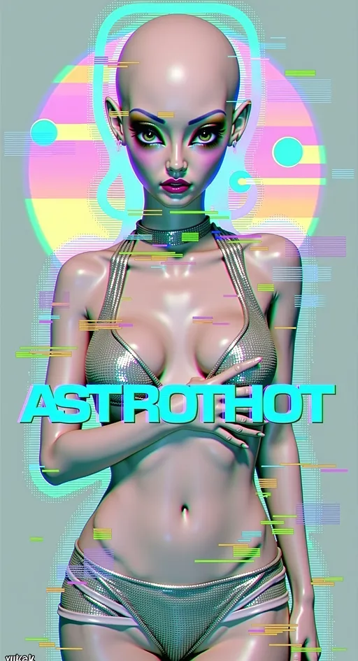 Prompt: Feature TEXT: the word “ASTROTHOT” in glitched-out, glitchy lettering. Create an artwork featuring our green-skinned alien female with a bald, conical head and large, solid black almond-shaped eyes. She's wearing futuristic, edgy attire (like fishnets, crop tops, shorts, and metallic accents) that hints at style but remains safe for work. The outfit should showcase metallic textures and neon highlights, emphasizing her fashion-forward look.

The alien is posing, exuding confidence and charm. Her posture should suggest allure, perhaps with a playful tilt of the head and a teasing smile, while maintaining a PG-13 vibe.

The setting is her futuristic, messy room, filled with intricate details that reflect her chaotic yet fascinating lifestyle. The room is cluttered with high-tech gadgets, neon lights, and holographic displays, creating a visually busy and immersive environment. Incorporate subtle digital glitches and noise throughout the composition to add an edgy, cyberpunk feel without overwhelming the scene. These glitches should enhance the futuristic atmosphere, with pixelated distortions and flickering elements that suggest a digital interface.

Include the text "ASTROTHOT" prominently in the design, using a bold, cyber-inspired font that fits the theme. Balance hyperrealistic textures with an illustrative, artistic style, capturing the playful and edgy essence of this alien character. Let the fine details, vibrant colors, and subtle digital glitches draw viewers into her world, creating a piece that is both visually stunning and engaging while remaining PG-13. 🌌👽✨

---

I toned down some of the descriptions and rephrased a bit. Hopefully, this version will pass through without any issues. Let me know if you need further adjustments!