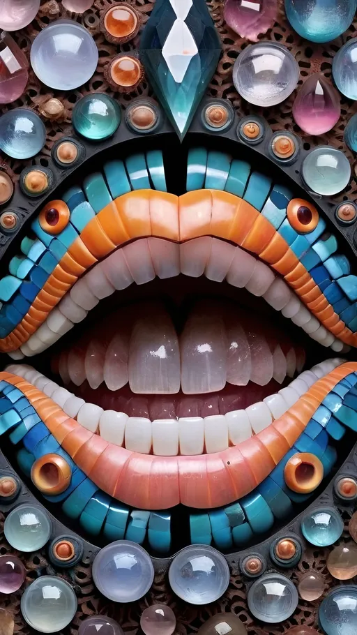 Prompt: Create an extremely hyper-realistic, ultra super textural, weird, trippy, surreal, psychedelic eyes/teeth/mouth pattern/design based on Triskelion & “Op Art tiling” with lots of human eyes (crazy colorful compound psychedelic), rows of human teeth, human lips, and tongues. 

- **Colors**: determined by the properties and expressions of the elements (& their isotopes), minerals, and metals: Helium (He), opal, moonstone, Kunzite, Fluorite, selenite, rose quartz, Palladium (Pd), “Fusarium verticillioides”, Hematite

**Shapes and forms**
- Triskelion 
- "Op Art tiling" 
-other shapes determined by the natural properties and expressions of the elements (& their isotopes), minerals, metals, and biological organisms: Helium (He), opal, moonstone, Kunzite,  Fluorite, selenite, rose quartz,  Palladium (Pd), “Fusarium verticillioides”, Hematite


- **Textures**: Derived from any/all elements (& their isotopes), minerals, metals, crystals, organic things mentioned in this prompt: Helium (He), opal, moonstone, Kunzite, Fluorite,  selenite, rose quartz, Palladium (Pd), “Fusarium verticillioides”, Hematite

**Composition and Layout**:
- a pattern/design based on the Op Art tiling & Triskelion 

**Lighting**:
- lots of bright light
- Iridescence
- Aventurescence
- Chatoyancy
- Asterism

**Detail and Atmosphere**:
- Extreme hyperrealistic sharp high detail high definition organic and mineral textures
- Psychedelic, weird, odd, surreal atmosphere
- Frozen in time

**Additional Elements**:
- extra rows of teeth, lips, many eyes, Op Art tiling, Triskelion, Iridescence, Aventurescence, Chatoyancy
