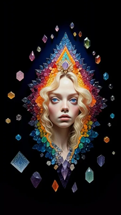 Prompt: <mymodel>Blonde woman with long curly hair, giant gem set eyes, psychedelic hallucination, rainbow fractals, geometry, inlaid precious gemstones, crystals, high quality, surreal, gemstone mosaic, detailed hair, vibrant colors, hallucinatory atmosphere, mesmerizing, otherworldly, natural lighting