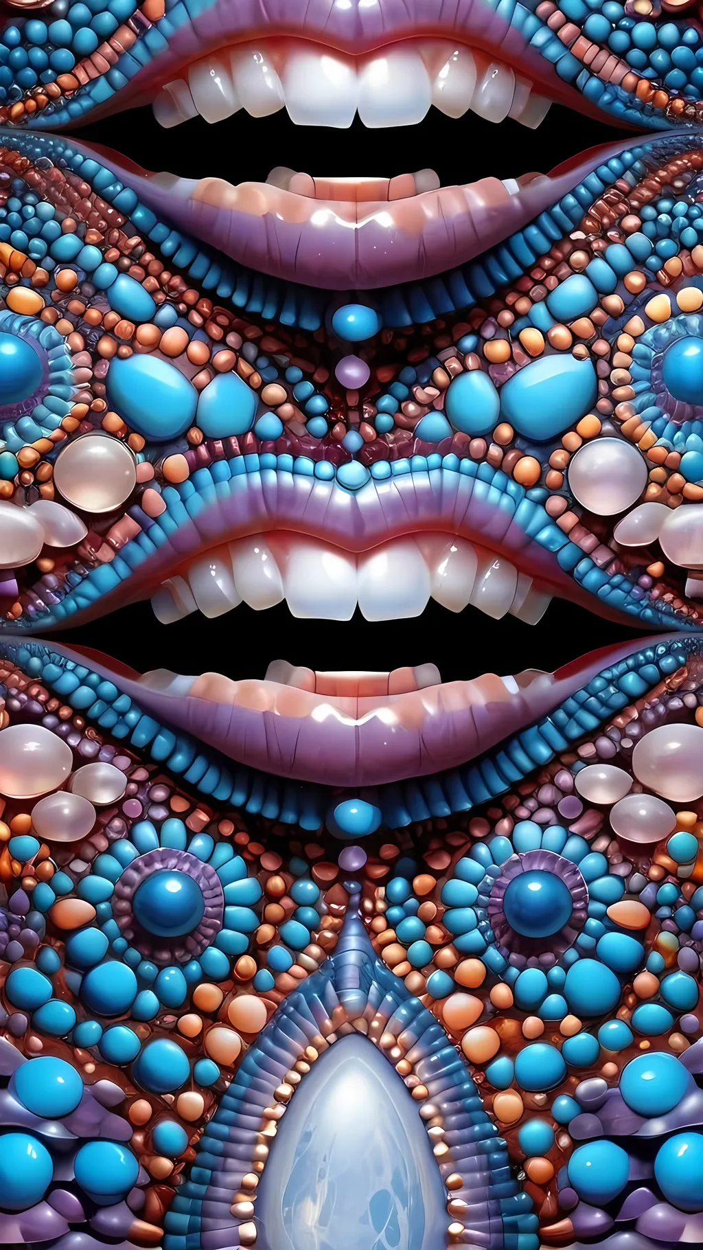 Prompt: Create an extremely hyper-realistic, ultra super textural, weird, trippy, surreal, psychedelic eyes/teeth/mouth pattern/design based on Mandelbrot & “Op Art tiling” with lots of human eyes (crazy colorful compound psychedelic), rows of human teeth, human lips, and tongues. 

- **Colors**: determined by the properties and expressions of the elements (& their isotopes), minerals, and metals: opal, moonstone, amethyst, rose quartz, Platinum (Pt)

**Shapes and forms**
- Mandelbrot 
- "Op Art tiling" 
-other shapes determined by the natural properties and expressions of the elements (& their isotopes), minerals, metals, and biological organisms: opal, moonstone, amethyst, rose quartz,  Platinum (Pt)


- **Textures**: Derived from any/all elements (& their isotopes), minerals, metals, crystals, organic things mentioned in this prompt: opal, moonstone, amethyst, rose quartz, Platinum (Pt)

**Composition and Layout**:
- a pattern/design based on the Op Art tiling & Mandelbrot 

**Lighting**:
- lots of bright light
- Phosphorescence

**Detail and Atmosphere**:
- Extreme hyperrealistic sharp high detail high definition organic and mineral textures
- Psychedelic, weird, odd, surreal atmosphere
- Frozen in time

**Additional Elements**:
- extra rows of teeth, lips, many eyes, Op Art tiling, Mandelbrot 
