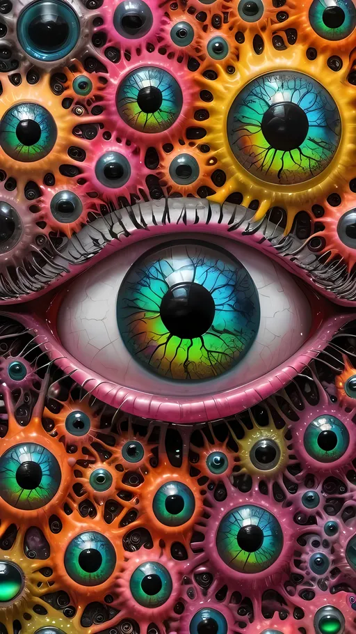 Prompt: an extremely hyper realistic ultra super textural weird trippy surreal psychedelic entity, crazy psychedelic compound human eyes, neurons, synapses, Chladni Figures, nervous system, chemicals, rows of human teeth, translucent black, hot pink, pinks, silver, yellow, orange, green, teal, copper, Gyroid Structures, oil slick rainbow sheen effect, Chladni Figures
