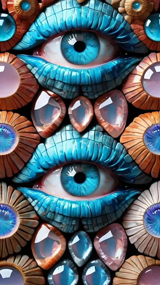 Prompt: Create an extremely hyper-realistic, ultra super textural, weird, trippy, surreal, psychedelic eyes/teeth/mouth pattern/design based on Triskelion & “Op Art tiling” with lots of human eyes (crazy colorful compound psychedelic), rows of human teeth, human lips, and tongues. 

- **Colors**: determined by the properties and expressions of the elements (& their isotopes), minerals, and metals: Helium (He), opal, moonstone, Kunzite, Fluorite, selenite, rose quartz, Palladium (Pd), “Fusarium verticillioides”

**Shapes and forms**
- Triskelion 
- "Op Art tiling" 
-other shapes determined by the natural properties and expressions of the elements (& their isotopes), minerals, metals, and biological organisms: Helium (He), opal, moonstone, Kunzite,  Fluorite, selenite, rose quartz,  Palladium (Pd), “Fusarium verticillioides”


- **Textures**: Derived from any/all elements (& their isotopes), minerals, metals, crystals, organic things mentioned in this prompt: Helium (He), opal, moonstone, Kunzite, Fluorite,  selenite, rose quartz, Palladium (Pd), “Fusarium verticillioides”

**Composition and Layout**:
- a pattern/design based on the Op Art tiling & Triskelion 

**Lighting**:
- lots of bright light
- Iridescence
- Aventurescence
- Chatoyancy
- Asterism

**Detail and Atmosphere**:
- Extreme hyperrealistic sharp high detail high definition organic and mineral textures
- Psychedelic, weird, odd, surreal atmosphere
- Frozen in time

**Additional Elements**:
- extra rows of teeth, lips, many eyes, Op Art tiling, Triskelion, Iridescence, Aventurescence, Chatoyancy
