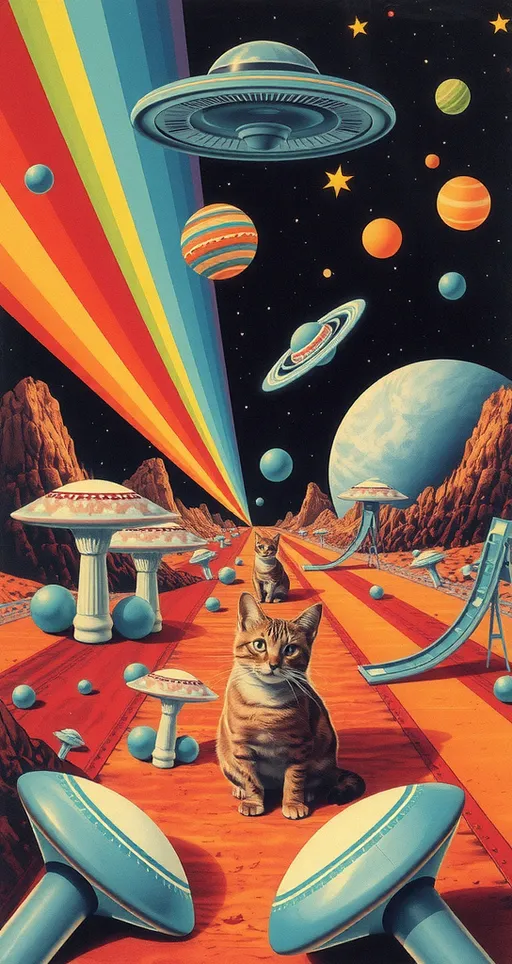 Prompt: <mymodel> Vintage 70s psychedelic surreal sci-fi Collage, analog, cut & paste, outer space, rainbows, spectrum, optical illusions/trippy patterns, surreal alien landscapes, UFOs, « little green men », psilocybin mushrooms, geometric shapes , planets, orbs, black night sky with stars, in the center, cats, 