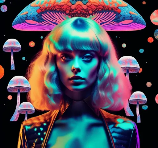 Prompt: a psychedelic collage reminiscent of 70s psychedelic sci fi collage artwork celebrating a girl on mushrooms. It is to feature a photograph of a woman with blond curly hair that is edited by splicing it with other images from photographs, magazines, newspapers, illustrations/paintings to create the impression she is high on magic mushrooms. The work will include such elements as a psychedelic 3rd eye open, stars and planets, trippy optical illusions and patterns, psilocybin cubensis mushrooms, fractals, UFOs, aliens, geometric shapes, auras, rainbow spectrums, sacred geometry, trippy drippy stuff, psychedelic hallucinations, open eyes, landscapes of astral worlds<mymodel>