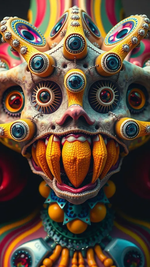 Prompt: Create an extremely hyper-realistic, ultra super textural, weird, trippy, surreal, psychedelic eyes/teeth/mouth creature/entity based on “metatron’s cube” with lots of human eyes (crazy colorful compound psychedelic), rows of human teeth, human lips, and tongues. 

- **Colors**: determined by the properties and expressions of the elements (& their isotopes), minerals, and metals: Nickel (Ni), Aventurine, Chrysoberyl

**Shapes and forms**
- “Metatron's Cube”
-other shapes determined by the natural properties and expressions of the elements (& their isotopes), minerals, metals, and biological organisms: diatoms, Nickel (Ni), Aventurine, Chrysoberyl


- **Textures**: Derived from any/all elements (& their isotopes), minerals, metals, crystals, organic things mentioned in this prompt: “Metatron's Cube” Nickel (Ni), Aventurine, Chrysoberyl

**Composition and Layout**:
- a pattern/design based on the “Metatron's Cube”

**Lighting**lots and lots of bright shining reflective light
- Trichroism


**Detail and Atmosphere**:
- Extreme hyperrealistic sharp high detail high definition organic and mineral textures
- Psychedelic, weird, odd, surreal atmosphere
- Frozen in time

**Additional Elements**:
- extra rows of teeth, lips, many eyes, diatoms, “Metatron's Cube” , Aventurescence, Chatoyancy
