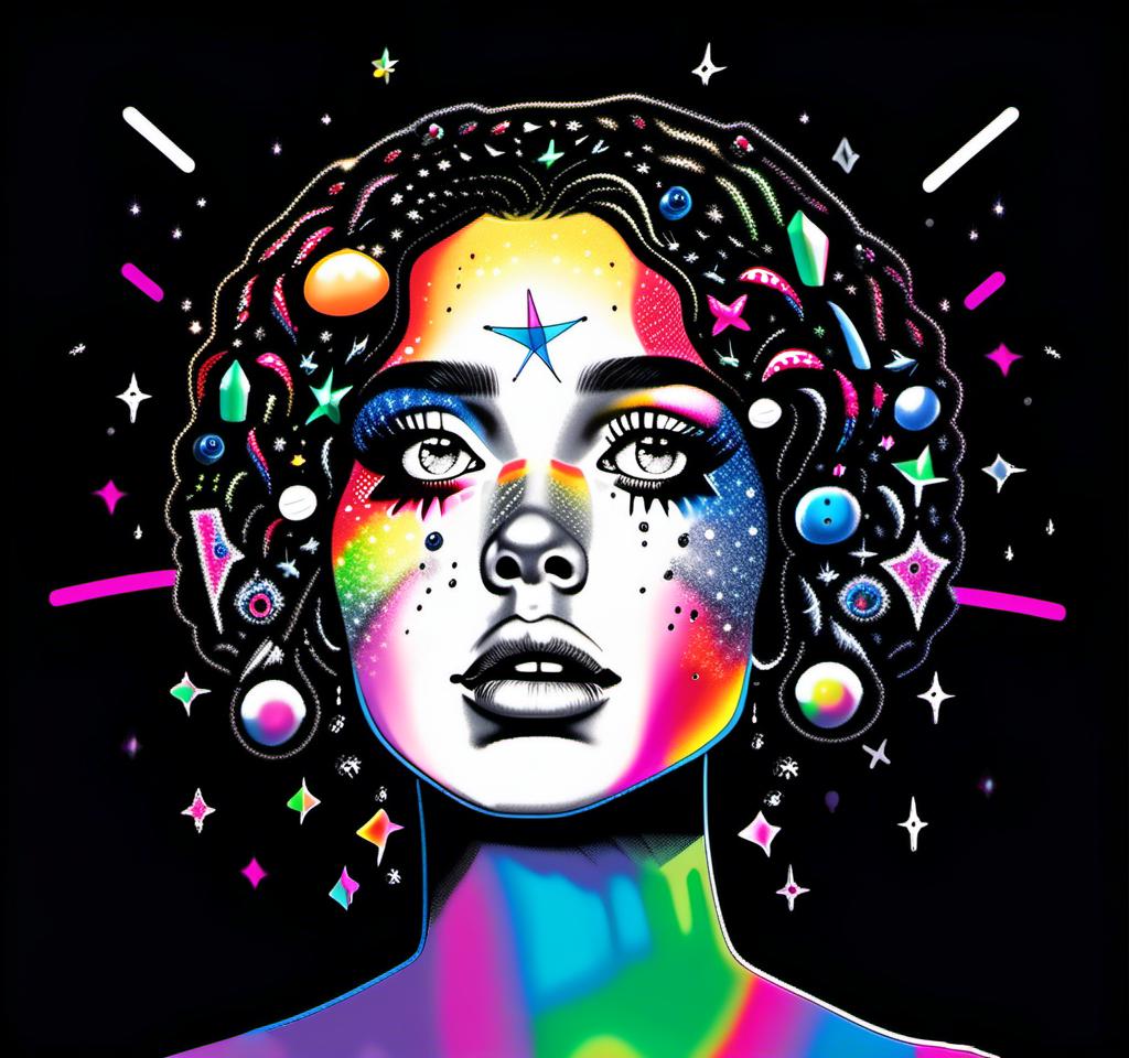 Prompt: a photograph (black and white or halftone) of a woman with multimedia colorful galaxies and stars in her wide eyes who is vomiting pure rainbows and stardust sparkles. She wretches as a beautiful spectrum of colorful light and sparklies made of paint, enamel, glitter, foils, pearl dust, rhinestones, metal, beads, marker, etc spills from her open mouth with force lighting up the room<mymodel>