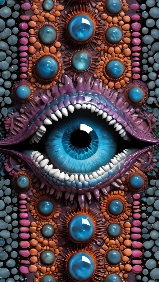 Prompt:  An extremely hyper-realistic, ultra-textural, weird, trippy, surreal, psychedelic pattern/design featuring eyes, teeth, mouths, & tongues. The design should be based on the “Mandelbrot” & “op art tiling” concepts, w/ an abundance of human eyes (crazy colorful compound psychedelic), rows of human teeth, human lips, & the elements, minerals, organisms: 
- Moonstone
- Selenite
- Labradorite
- niobium 
- potassium

**colors/lighting/Shapes/Forms/Textures**: 
- Main form: “Mandelbrot”
- Additional colors/shapes/forms/textures/arrangements determined by the natural properties/expressions of the listed elements, minerals, metals, & biological organisms. Capture their crystal structures, atomic arrangements, & natural formations. Express their raw, rough, & detailed textures, including crystal structures, surface finishes, & unique textural properties.
- Express the shapes, forms, structures, & arrangements of the listed elements, minerals, pigments, crystals, or biological organisms.
- Reflect intricate crystal structures, atomic arrangements, & natural formations.
- Integrate unique textural properties & surface characteristics into the pattern.
- Arrangement influenced by natural aggregates/combinations, creating a cohesive design.
-Intense, bright, reflective light
- Express the various lighting properties, effects, & illusions of listed elements, minerals, biological entities, & crystals.
- Capture interactions w/ light, including reflections, refractions, iridescence, & other optical phenomena. Use lighting to emphasize intricate details, textures, shapes, & forms.

