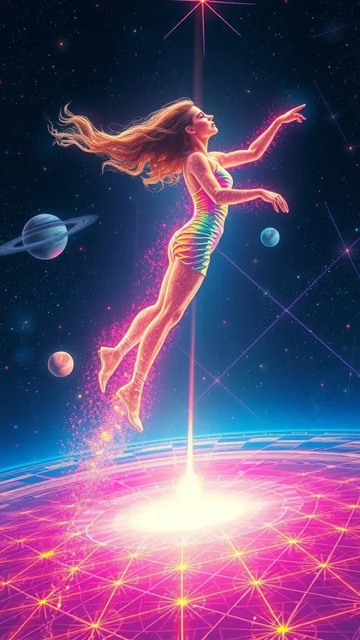 Prompt: An astral scene- a colorful rainbow shining glowing sparkling female clear translucent humanoid faceless “light body” with long extremely curly blond hair flowing as she flies through space (light body, atman, soul body, subtle body, astral body, koshas, consciousness layers, ethereal form, transcendence, eternal self, infinite essence, spiritual awakening, pranayama, meditation, astral travel, out-of-body experience, higher awareness, unity, Brahman, ultimate reality, esoteric teachings, theosophy, mystical, divine essence, vibrational frequency, enlightenment), flying through outer space, over an  “astral plane” that is like an infinite grid of colorful light arranged in a repeating geometric pattern stretching out forever In all directions under the light body flying over it, colorful planets and stars shimmer in the distance. Her physical body sleeps in a bed below