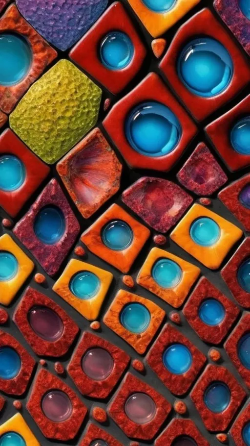 Prompt: Create an extremely hyper-realistic, ultra super textural, weird, trippy, surreal, psychedelic eyes/teeth/mouth pattern/design based on “Sierpiński Hexagon” & “Op Art tiling” with lots of human eyes (crazy colorful compound psychedelic), rows of human teeth, human lips, and tongues. 

- **Colors**: determined by the properties and expressions of the elements (& their isotopes), minerals, and metals: Tantalum (Ta), “Fusarium verticillioides”, Hematite, Crocoite, garnet, Trichroism

**Shapes and forms**
- “Sierpiński Hexagon”
- "Op Art tiling" 
-other shapes determined by the natural properties and expressions of the elements (& their isotopes), minerals, metals, and biological organisms: diatoms, Tantalum (Ta), Hematite, Crocoite, garnet 


- **Textures**: Derived from any/all elements (& their isotopes), minerals, metals, crystals, organic things mentioned in this prompt: Tantalum (Ta), “diatoms”, Hematite, Crocoite, garnet

**Composition and Layout**:
- a pattern/design based on the Op Art tiling & “Sierpiński Hexagon”  

**Lighting**:
- Trichroism


**Detail and Atmosphere**:
- Extreme hyperrealistic sharp high detail high definition organic and mineral textures
- Psychedelic, weird, odd, surreal atmosphere
- Frozen in time

**Additional Elements**:
- extra rows of teeth, lips, many eyes, diatoms, Op Art tiling, “Sierpiński Hexagon” , Aventurescence, Chatoyancy
