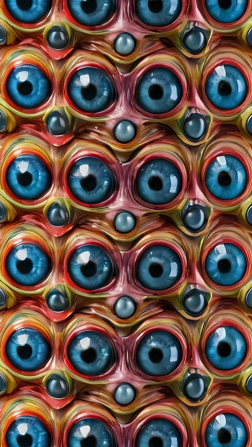 Prompt: Create an extremely hyper-realistic, ultra super textural, weird, trippy, surreal, psychedelic eyes/teeth/mouth pattern/design based on "Op Art tiling” with lots of human eyes (crazy colorful compound psychedelic), rows of human teeth, human lips, and tongues. 

- **Colors**: determined by the properties and expressions of the elements (& their isotopes), minerals, and metals: Tourmaline, Rhenium (Re)

**Shapes and forms**
- "Op Art tiling" 
-other shapes determined by the natural properties and expressions of the elements (& their isotopes), minerals, metals, and biological organisms: tourmaline,  Rhenium (Re)

- **Textures**: Derived from any/all elements (& their isotopes), minerals, metals, crystals, organic things mentioned in this prompt: tourmaline, Rhenium (Re)

**Composition and Layout**:
- a pattern/design based on the Op Art tiling

**Lighting**:
- lots of bright light
- Phosphorescence

**Detail and Atmosphere**:
- Extreme hyperrealistic sharp high detail high definition organic and mineral textures
- Psychedelic, weird, odd, surreal atmosphere
- Frozen in time

**Additional Elements**:
- extra rows of teeth, lips, many eyes, Op Art tiling
