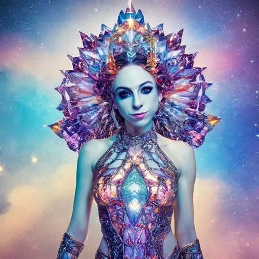 Prompt:  
"A radiant astral being dressed in avant-garde, iridescent clothing and accessories made entirely of sparkling light and fractals. The figure is glowing with cosmic energy, wearing an elaborate outfit that defies earthly fashion: flowing, asymmetrical designs with sharp angles and soft curves, crafted from swirling, colorful fractal patterns and shimmering, translucent light. The clothing features intricate details of kaleidoscopic geometry, glowing opalescent textures, and holographic accents that pulse with energy. Accessories include a bold, fractal crown or headpiece that radiates celestial light, statement earrings made of cascading star-like particles, and layered bracelets that refract into infinite rainbows. The overall vibe is futuristic, surreal, and unapologetically avant-garde, blending elements of high fashion with psychedelic aesthetics. The background is a glowing astral plane with swirling nebulas, fractal clouds, and sparkling cosmic dust, enhancing the ethereal and otherworldly vibe."
