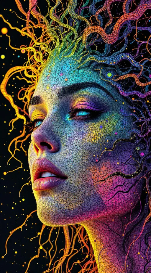 Prompt: Imagine  A techno-shamanic diagram, pulsing with color-coded sigils, drenched in hyper-pigment and fractal glyph static rendered in the chaotic hand-inked logic of La Planète Sauvage—but dialed to full chromatic overdose. Her face is not flesh but an impossible riot of recursive mathematics, drawn in vibrating lines and bleeding color. Cheekbones erupt as variance clusters: tangled ribbons of Diffusion Map heat bursting in molten gradients—fuchsia against electric teal, lava-orange under spectral cyan.

Her “skin” is a fractured tessellation of iridescent triangles—each tile filled with micro-fractals, shifting between neon gold and ultraviolet glass. Hair does not fall, it radiates: UMAP tangles explode from her scalp like quantum dreadlocks—volumetric, spiraling, drenched in acid color and tangled with vector noise.

The jawline glitches into kaleidoscopic eigenlight—layered transparencies pulsing with color logic, folding across warped grids. Her lips, barely there, are probability whirlpools—candy-glitch spirals rotating in pixelated loops. The eyes? Not eyes. Replica Theory vortices ringed with pulsars—recursive, glittering, collapsing inward like dimensional jewel-tones.

Every surface is over-saturated. Her brow arches with neural lace made of glowing glyphs, hyper-embossed like alien circuitry. Cross-hatching twists through chromatic bursts—indigo over ruby, chartreuse overlaying obsidian, textures rippling like malfunctioning halftone.

The space she inhabits curves in non-Euclidean chroma fields. No shadows—only contrast explosions. Edge boundaries smear into Hellinger gradients—where red bleeds into ultraviolet, where geometry disintegrates into moiré hallucination.

She flickers in and out of coherence—visible only through saturated logic. A mandala of math masquerading as a woman, until you stare too long and she bursts apart into prism fragments, each shard encoded with raw, screaming color.