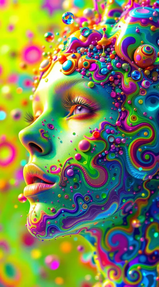 Prompt: A maximalist acid-psychedelic construct, drenched in UV aqua, blister magenta, rad lime, venom orange, searing cyan & holo chartreuse. Surfaces ripple in dragonfly-wing diffraction, beetle-shell sheen & opal-fire iridescence, refracting oil-slick gradients & soap-bubble swirls, every edge glowing like carnival prisms. Anatomy destabilizes across 4D, scattering & reappearing recursively: irises twist into Möbius folds, blinking w/o closure, teeth corkscrew into candy-colored Fibonacci spirals, jaws blooming from jaws, ribs fracture into Hilbert & Penrose lattices, convex & concave @ once. A Mandelbrot bulb beats & refuses to beat, chambers etched in ζ(s) glyphs spilling neon confetti; lungs splinter into Sierpinski planes inhaling recursive smoke that spawns more lungs; veins spread into Peano curves, vascular tubing splitting infinitely into glowing cobalt/magenta rivers. Skin stretches like a Klein-bottle membrane, splitting into mirrored copies looping paradox rhythm; pores open into mouths, lips bloom into eyes, eyes into veins, veins into rivers. Hair storms into Weierstrass waves & Fibonacci coils, each curl ending in ribs, mouths, or vanishing loops. Hex tessellations crawl across surfaces like sacred honeycombs, wasp-nest geometry branching into higher-dimensional mosaics. Cheekbones shimmer w/ Gödel glyphs, foreheads unfurl into Escher staircases tiled in eyes blinking asynchronously. The chest holds paradox: lungs exhale carnival smoke, ribs fracture into Ferris wheels, the heart pulsing & not pulsing. Around, background expands w/o walls, no horizon—an infinite pastel hyperplane filled w/ rollercoasters of ribs, neon Escher staircases, cotton-candy skies scrawled in recursive proofs. Each reflection refracts brighter, each layer re-rolls itself, anatomy carnivalized into paradox.
