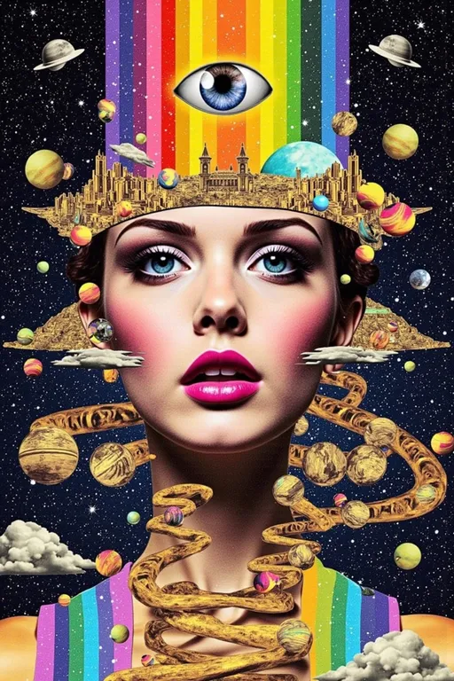 Prompt: A surreal, psychedelic face with a glowing third eye centered on the forehead, surrounded by impossible geometries and recursive structures. Her skin is covered in Newton fractal patterns and holographic tessellations that shift color like iridescent foil. The background and hair dissolve into Escher-style interlocking staircases, Penrose cubes, and Möbius loops twisting through hyperbolic space. The central third eye radiates electric tendrils of fractal energy, echoing the Droste effect as the entire face folds in on itself, blending hallucination, sacred geometry, and optical illusion. Rendered in vibrant rainbow-neon tones with a shimmering, holographic-glitch aesthetic.
