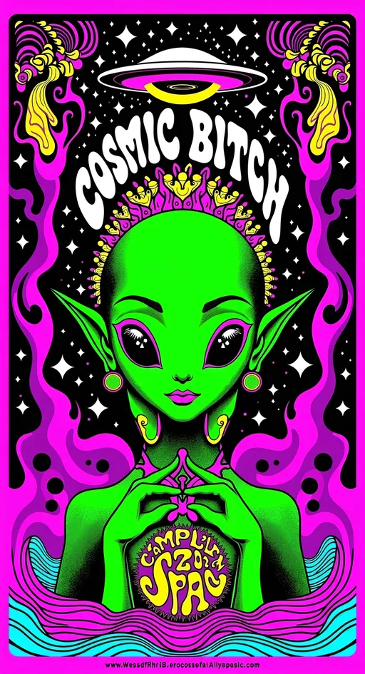 Prompt: **Cosmic Bitch - AI Art Prompt**

Create an artwork featuring the phrase "Cosmic Bitch" in a bold, sassy, girly futuristic tech font. The centerpiece is a stunning green-skinned alien female with a large somewhat conical shaped bald head & large solid black almond shaped eyes, exuding sass and confidence, dressed in avant-garde high fashion with a futuristic twist. Her ensemble is adorned with intricate accessories that scream alien chic.

Incorporate a vibrant UFO hovering in the scene, brimming with colorful lights that dance across the canvas. The background is a bustling outer space landscape, complete with an alien planet, swirling asteroids, and cosmic wonders. Alien glyphs are subtly woven into the design, adding an enigmatic touch.

The entire scene is a whirlwind of activity, filled with intricate details that draw the eye to every corner. From the tiniest star to the grandest asteroid, let no space go unadorned. The result is a masterpiece of cosmic chaos and extraterrestrial elegance.

Now, go forth and let your AI art creation shine in all its interstellar glory! 🌌👽✨