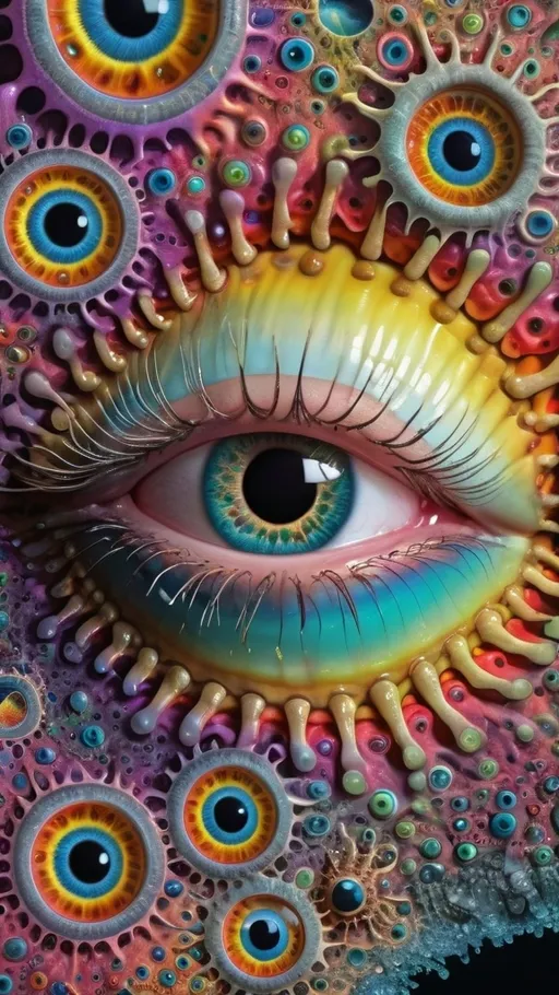 Prompt: an extremely hyper realistic ultra super textural weird trippy surreal psychedelic entity, Lyapunov Fractals, apollonian gaskets, catenoids, white, translucent, clear, bright bright pastel colors, oil slick rainbow sheen effect, lots and lots of light, lots of crazy colorful compound psychedelic human eyes, rows of human teeth, fungus, atoms, diatoms, enneper sufaces, apollonian gaskets, Lyapunov Fractals 