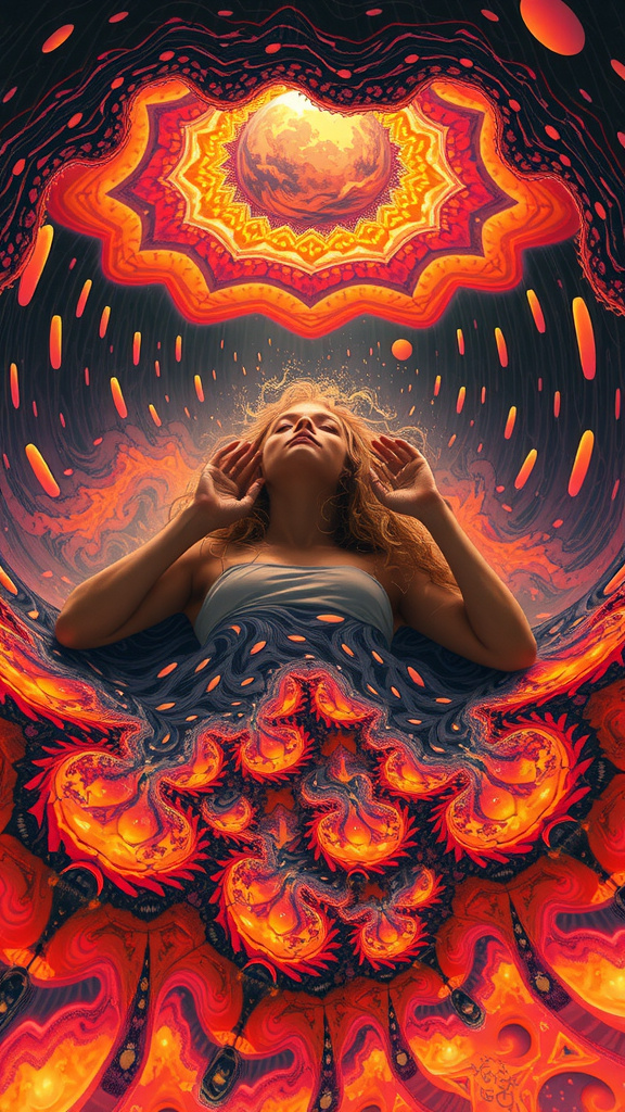 Prompt: A psychedelic ego death experience. A girl with long blond curly hair on psychedelics experiencing “ego death”, hallucinating herself in a fractal “storm”- angry fractals form clouds, wind and rain, whipping, beating the girl mercilessly until she blacks out and finds herself, drowning in an infinite swirling subterranean underground angry chaotic roiling ocean of pure fractals geometry.  melting into and becoming fractals- She melts, and becomes one with the ocean, becoming fractals herself and experiencing being one with everything in the universe, seeing it all from every point of view, before forming into human again over and over. Fractal geometry ocean, waves, currents, riptide, flowing, churning, underground cave, she is lying in bed the whole time 