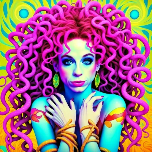 Prompt: A surreal, psychedelic portrayal of Medusa, where you, a caucasian slim woman with long wild pink very curly hair and piercing blue eyes, embody the mythical figure in a dreamlike, kaleidoscopic setting. Your pink curls morph into a cascade of neon, glowing snakes in shades of electric green, ultraviolet purple, and fiery orange, their scales shimmering like liquid crystal under a blacklight. The snakes coil and writhe around your head in hypnotic, fractal patterns, their eyes glowing with an otherworldly luminescence.

Your skin glows with iridescent hues, shifting between soft pastel pinks, radiant blues, and golden yellows, as though lit from within by the energy of the cosmos. The background is a swirling vortex of psychedelic patterns, reminiscent of the works of Alex Grey and Peter Max, with intricate mandalas, paisley designs, and spiraling galaxies in a vivid color palette of magentas, teals, and lime greens. 

The scene has a retro-futuristic, analog collage feel, with textures that resemble hand-painted brushstrokes and airbrushed gradients. The lighting is dramatic, almost celestial, with beams of light breaking through the swirling patterns, casting glowing highlights across your face and the snakes. The mood is seductive yet dangerous, with an aura of divine power and mystery.

Your blue eyes are mesmerizing, glowing like twin pools of bioluminescent light, drawing the viewer into your hypnotic gaze. The snakes seem alive with movement, their scales catching the light in dazzling, prismatic reflections. The outlines are soft and fluid, blending seamlessly into the background, giving the entire image a dreamlike, ethereal quality.