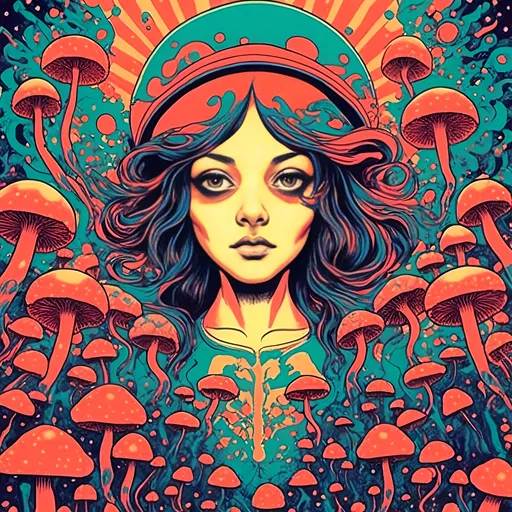 Prompt: <mymodel>Psychedelic poster art of a girl, vibrant colors, trippy visuals, surreal mushrooms, high-quality, detailed illustration, psychedelic, poster art, vibrant colors, surreal, girl, mushrooms, trippy visuals, detailed, professional, surrealistic lighting