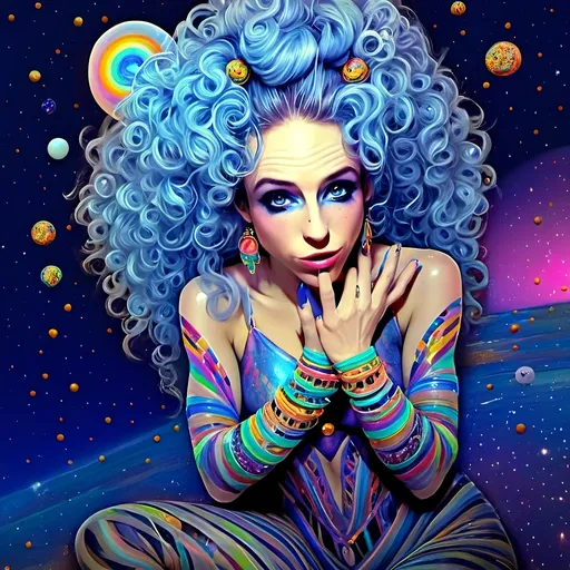 Prompt: A super hyperrealistic yet also illustrative and creative female cosmic jester, made entirely of swirling pure colored light, with long wild curly hair that appears blond but dazzles as a spectrum of hues, floats effortlessly in the heart of a kaleidoscopic nebula. Adorned in avant-garde "astral" jester's attire, her ensemble is a masterpiece of ever-shifting patterns, her definitive jester’s hat extending into infinite fractal shapes that seem to defy the laws of space. Her intricate clown makeup glows with phosphorescent neon greens, electric pinks, and ultraviolet blues, accentuating her mischievous, otherworldly charm. Around her, the stars pulse like strobes in a cosmic dance party, and she juggles shimmering orbs of liquid starlight that burst into tiny galaxies upon contact, each orb reflecting infinite multiversal possibilities. The space surrounding her vibrates with celestial harmonics, a symphony of astral wonder, while an aurora of quantum particles weaves itself into a living tapestry of harlequin diamond fractals, tiling and morphing endlessly. She sparkles and dazzles as her laughter chimes like crystalline bells, embodying the essence of cosmic whimsy and wonder, a living Möbius strip of light and joy in an infinite astral playground.