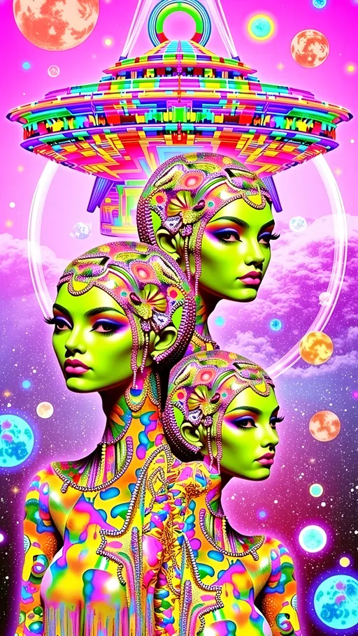 Prompt: **Space Hos - AI Art Prompt**

Create an artwork featuring the phrase "Space Hos" in a bold, sassy, girly futuristic tech font. The scene is populated by multiple striking green-skinned alien females, each exuding attitude and confidence. They are dressed in avant-garde high fashion with a futuristic edge, showcasing an array of intricate accessories that highlight their alien allure.

Each alien boasts a slightly conical-shaped bald head and large, almond-shaped black eyes, adding to their enigmatic charm. They pose with sass and poise, making a statement in the cosmic landscape.

Incorporate a vibrant UFO in the background, teeming with colorful lights that illuminate the scene. The setting is a bustling outer space landscape, complete with an alien planet, swirling asteroids, and cosmic phenomena. Alien glyphs are seamlessly integrated into the design, adding a mysterious layer.

The entire composition is busy and detailed, with every inch filled with tiny elements that captivate the viewer's attention. From the smallest star to the grandest asteroid, the scene is a masterpiece of cosmic chaos and extraterrestrial elegance.