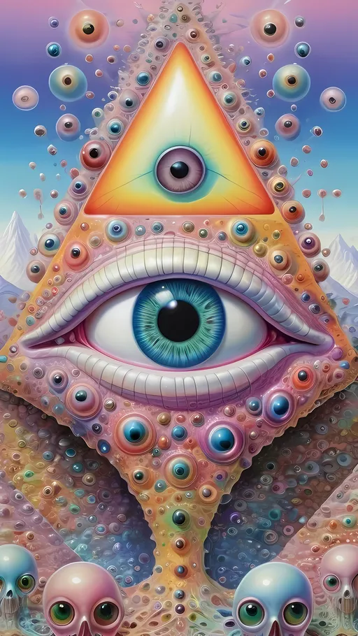 Prompt: an extremely hyper realistic ultra super textural weird trippy surreal psychedelic entity, gyroid structures, Pascal's Triangle, white, translucent, clear, bright bright pastel colors, oil slick rainbow sheen effect, lots and lots of light, lots of crazy colorful compound psychedelic human eyes, rows of human teeth, fungus, atoms, diatoms, gyroid structures, Pascal's Triangle